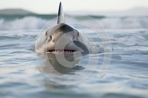 Great White Shark (Carcharodon carcharias) at the beach. Generative AI