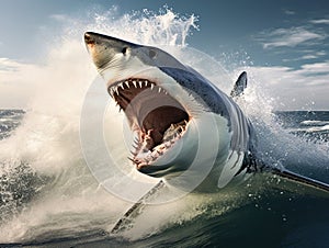 Great White Shark (Carcharodon carcharias) breaching in an attack.