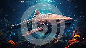 Great White Shark with Caustic Reflections In Crystal Clear Water Background