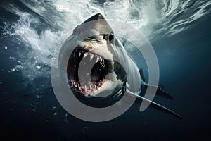 Great White Shark in the deep blue ocean with big teeth and sharp teeth, Attack great white shark, AI Generated