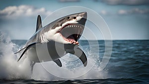 great white shark A great white shark jumps out of water to attack its prey.