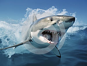 A great white shark with its jaws wide open as it catches up with its prey
