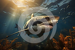 Great white shark with its main four fins swimming under sun rays in the blue Pacific Ocean