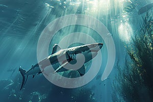 Great white shark with its main four fins swimming under sun rays in the blue Pacific Ocean