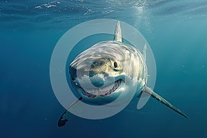 Great white shark with its main four fins swimming under sun rays in the blue Pacific Ocean