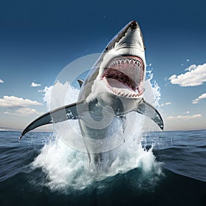 Great White Shark jumping out of water with huge open mouth and tooth