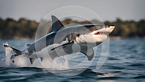 great white shark jumping out of water to attack its prey.