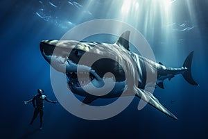 Il grande bianco squalo posa profondo blu Acqua subacqueo. generato 