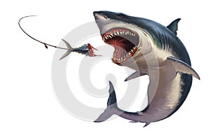 Great white shark attack bait tuna tail illustration isolate realism. photo