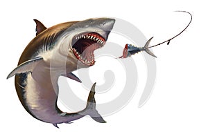 Great white shark attack bait tuna tail illustration isolate realism. photo