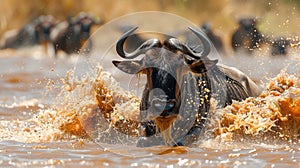 The Great Wildebeest Migration in Kenya and Tanzania, with the Masai Mara National Park as a stunning backdrop, showcasing the