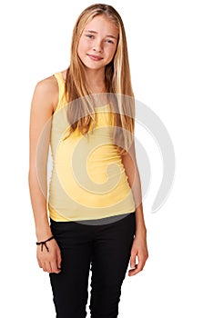 Great young teen attitude. Portrait of a positive teen girl isolated on white.