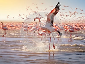 Greater Flamigos Take Flight at Walvis Bay