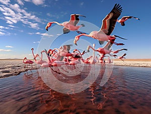 Greater Flamigos Take Flight at Walvis Bay