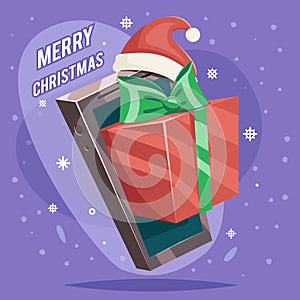 Greating Gift Christmas New Year Card Mobile Phone Cartoon Design Vector Illustration