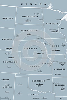 Great Plains Region of the United States, gray political map photo