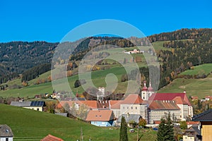 Grebenzen - Benedictine monastery Saint Lambrecht Abbey surrounded by lush green alpine landscape in mountain village Grebenzen