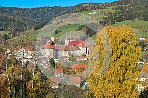 Grebenzen - Benedictine monastery Saint Lambrecht Abbey surrounded by lush green alpine landscape in mountain village Grebenzen