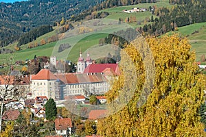 Grebenzen - Benedictine monastery Saint Lambrecht Abbey surrounded by lush green alpine landscape in mountain village Grebenzen