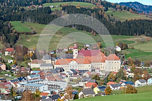 Grebenzen - Benedictine monastery Saint Lambrecht Abbey surrounded by lush green alpine landscape in nature park Zirbitzkogel