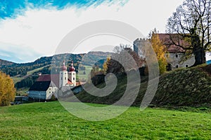 Grebenzen - Benedictine monastery Saint Lambrecht Abbey surrounded by lush green alpine landscape in nature park Zirbitzkogel