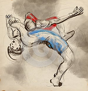 Greco-Roman Wrestling. An full sized hand drawn il