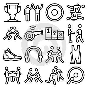Greco-Roman wrestling icons set, outline style