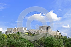 Greece, Acropolis of Athens under blue cloudy sky, view from south west