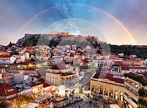 Greece - Acropolis with Parthenon temple with rainbow in Athens