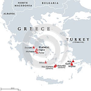 Greece, active and extinct volcanoes in the Aegean Sea region, map