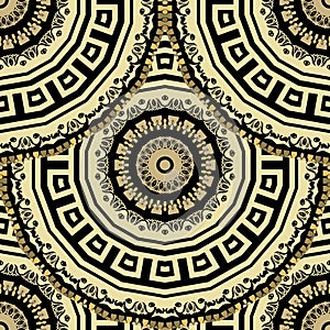 Greece ancient style tiled round gold mandalas seamless pattern. Greek key meanders. Ornamental repeat tribal ethnic style vector