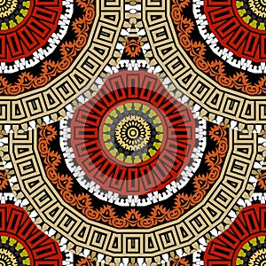 Greece ancient style tiled round gold red mandalas seamless pattern. Greek key meanders, zipper. Ornamental repeat ethnic floral