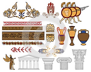 Greece architecture and ornaments color set