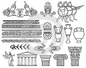 Greece architecture and ornaments set