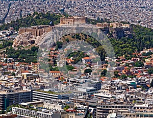 Greece, Athens aerial view with Parthenon temple on acropolis hill and Plaka old neighborhood