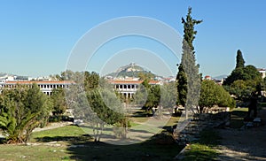 Greece, Athens, Ancient Agora, view of the Stoa of Attalos and Mount Lycabettus