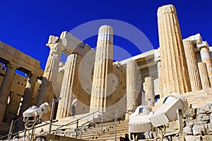 View of Propylaea, the monumental entrance to the Acropolis of Athens