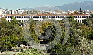 Greece, Athens, view of the Stoa of Attalos from the Acropolis