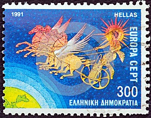 GREECE - CIRCA 1991: A stamp printed in Greece from the `Europa` issue shows Helios and Chariot of the Sun, circa 1991.