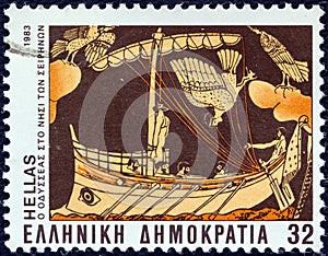 GREECE - CIRCA 1983: A stamp printed in Greece from the `Homeric epics` issue shows Odysseus and Sirens, circa 1983.