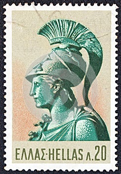 GREECE - CIRCA 1968: A stamp printed in Greece shows Athena attired for battle bronze from Piraeus 2nd century B.C.