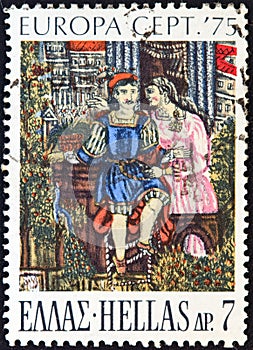 GREECE - CIRCA 1975: A stamp printed in Greece shows `Erotokritos and Aretussa` painting by Theophilos Hatzimichael