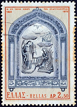 GREECE - CIRCA 1973: A stamp printed in Greece shows icon of our Lady of the Annunciation found on Tinos island, 1823