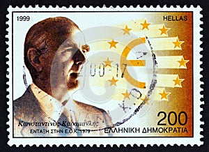 GREECE - CIRCA 1999: A stamp printed in Greece shows Konstantinos Karamanlis, Greece`s Accession to the EEC, circa 1999.