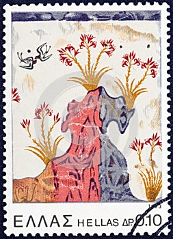 GREECE - CIRCA 1973: A stamp printed in Greece shows Spring wall fresco from Island of Thera