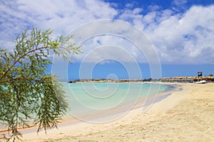 Greece. Crete. 22.06.2020. Beach with umbrellas, pink sand, green tree and turquoise water and clouds in blue sky.