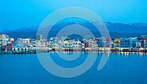Greece, Crete, Chania Xania view to the port in blue hour afte