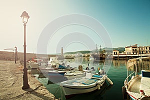 Greece. Crete Rethymnon, Boats, Sea and Restaurant. Impression o