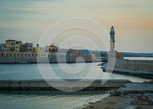 Greece, Crete, sunset in Chania Xania evening light to city ha photo