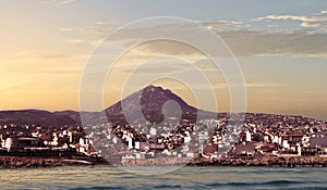 The city of Heraklion with a view of Mount Juktas known as Sleeping Zeus Mountain at dawn, Crete, Greece